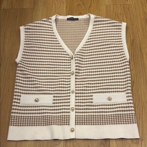 Brown and White Striped Sleeveless Cardigan/Vest